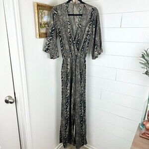Anthropologie Bel Kazan Snake Print Jumpsuit Wide Leg 3/4 Sleeve Size XS